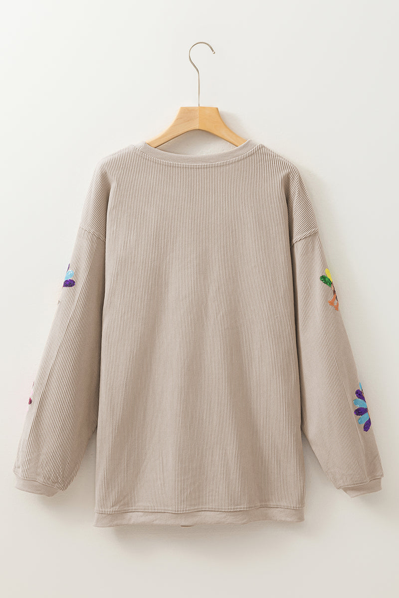 Smoke Gray Sequin Turkey Graphic Corded Baggy Sweatshirt