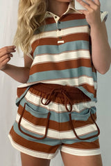 White Stripe Button Polo Collar Tee Drawstring Elastic Waist Patchwork 2pcs Short Set