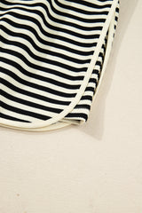 Black Stripe Textured Drop Shoulder Pullover Top Drawstring Mini Skirt Two Piece Dress Set