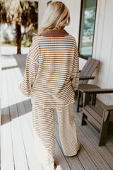 Khaki Stripe Textured Collared Pullover Top and Drawstring Pants Set