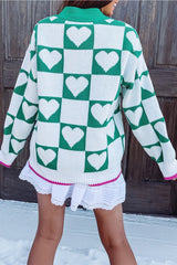 Sea Green Heart Checkered Pattern V Neck Knit Cardigan