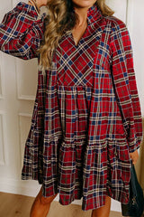Red Plaid Print Frill Neck Long Sleeve Mini Dress
