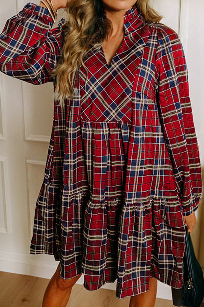 Red Plaid Print Frill Neck Long Sleeve Mini Dress