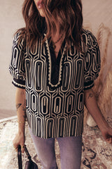 Black Geometric Print Contrast Scallop Color Block Patchwork Short Sleeve Blouse