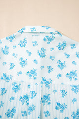 Sky Blue Floral Striped Print Patched Pocket Shirt and Shorts Set