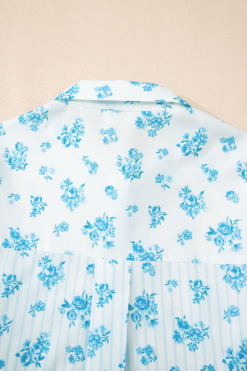 Sky Blue Floral Striped Print Patched Pocket Shirt and Shorts Set