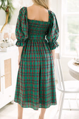 Green Plaid Square Neck Puff Sleeve Bowknot Waist Flared Midi Dress