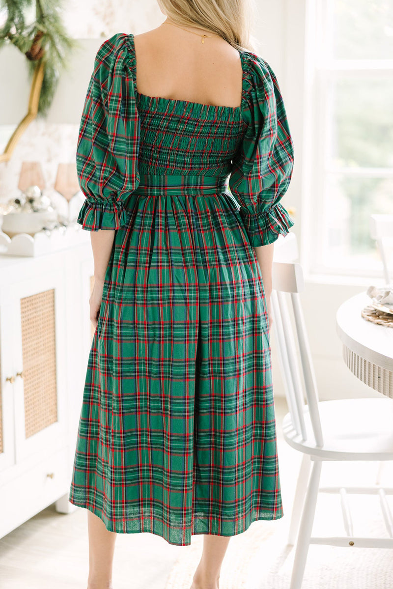 Green Plaid Square Neck Puff Sleeve Bowknot Waist Flared Midi Dress
