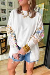 White Floral Dotted Print Patchwork Sleeve High Low Sweatshirt