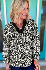 Black Floral Print Contrast V Neck Blouse