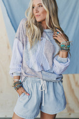 Sky Blue Stripe Drawstring Elastic Waist Casual Denim Shorts