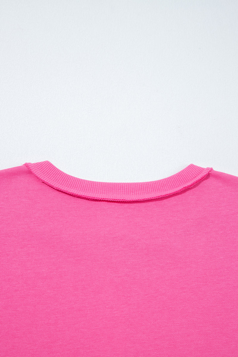 Bright Pink Raw Edge Henley Pullover and Jogger Pants Set