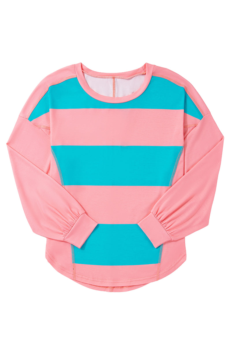 Blue Green Colorblock Drop Sleeve Round Neck Top
