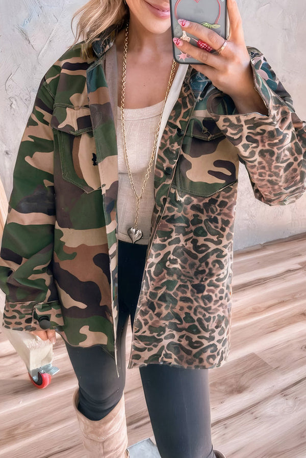 Brown Leopard Camouflage Patchwork Oversized Shacket