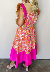 Rose Floral Print Color Block Ruffled Short Sleeve Flared Midi Dress