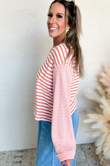 Pink Striped Textured Patchwork Drop Sleeve Top