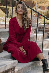 Chestnut Solid Long Sleeve Button V Neck Tiered Maxi Dress