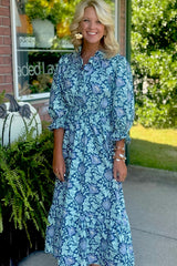 Brown Floral Printed Frilled V Neck Bracelet Sleeve Long Dress