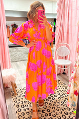 Orange Floral Print Frill Smocked V Neck 3/4 Sleeve Maxi Dress