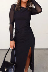 Black Sheer Mesh Long Sleeve Twisted Knot Side Slit Midi Dress