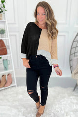 Chestnut Color Block Knit V Neck Loose Sweater