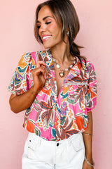 Rose Tropical Print Pleated Button Up Short Sleeve Shirt