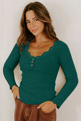Beige Lace Neckline Button Decor Lettuce Edge Long Sleeve Ribbed Top
