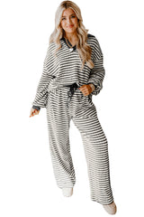 Sky Blue Stripe Textured Collared Pullover Top and Drawstring Pants Set