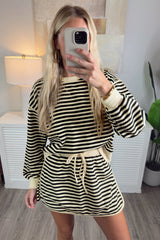 Black Stripe Textured Drop Shoulder Pullover Top Drawstring Mini Skirt Two Piece Dress Set