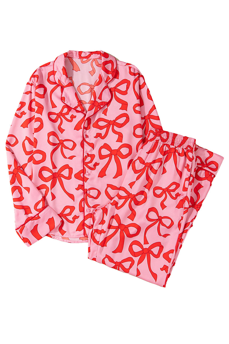 Pink Allover Bow Print Button Up and Loose Pants Pajama Set