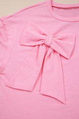 Pink Solid Color Raw Edge Bow Patch Loose T Shirt