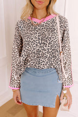 Khaki Leopard Print Contrast V Neck Varsity Stripe Detail Long Sleeve Top