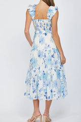 Sky Blue Ruffled Straps Smocked Tiered Floral Long Dress