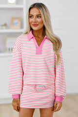 Pink Stripe Collared V Neck Drop Shoulder Pullover and Skirt Set