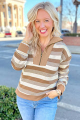 Khaki Striped Zipper Collar Pullover Sweatshirt