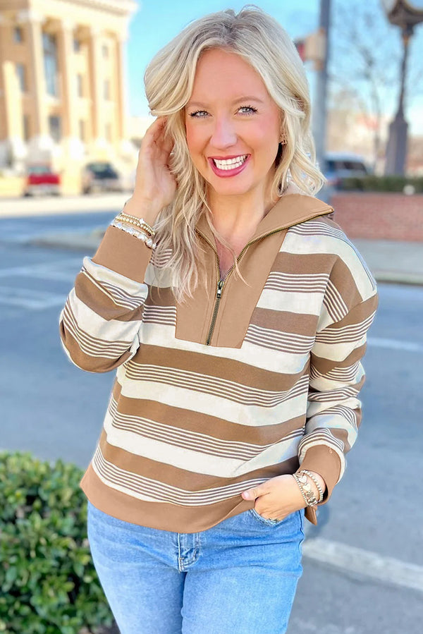 Khaki Striped Zipper Collar Pullover Sweatshirt