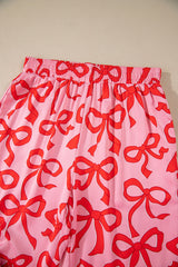 Pink Allover Bow Print Button Up and Loose Pants Pajama Set