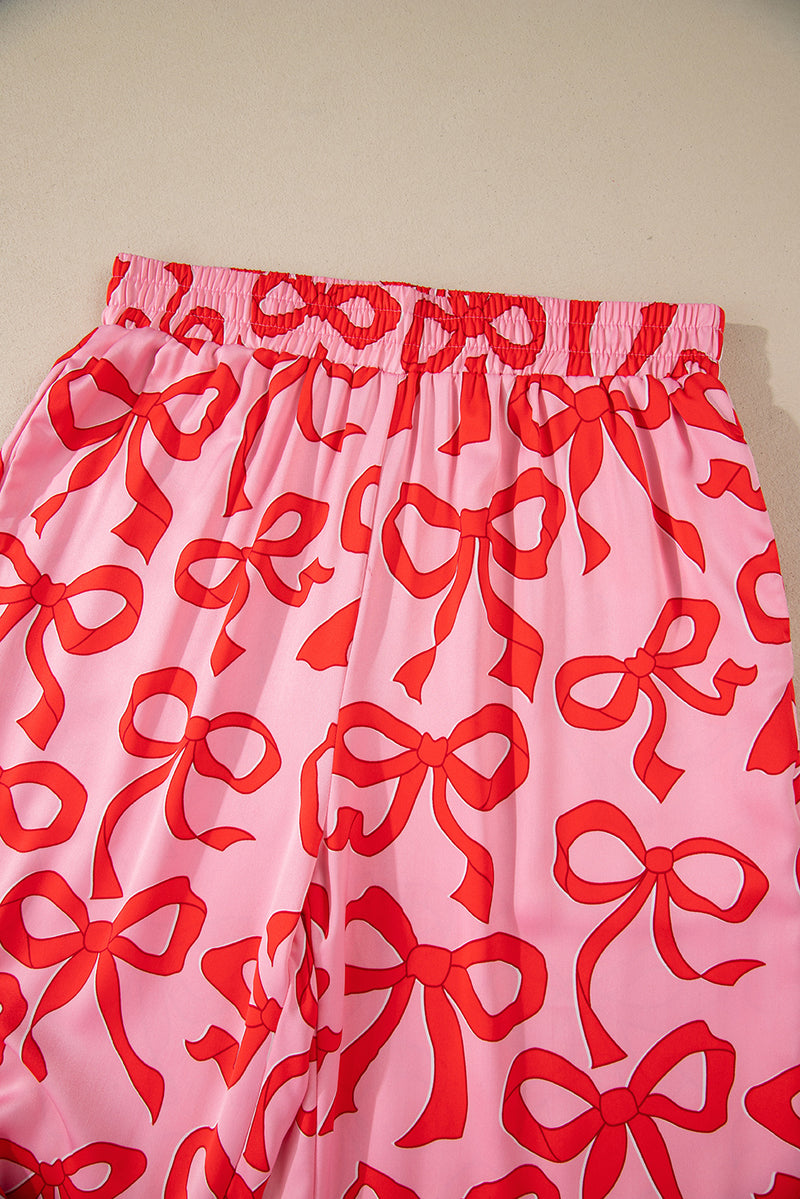 Pink Allover Bow Print Button Up and Loose Pants Pajama Set