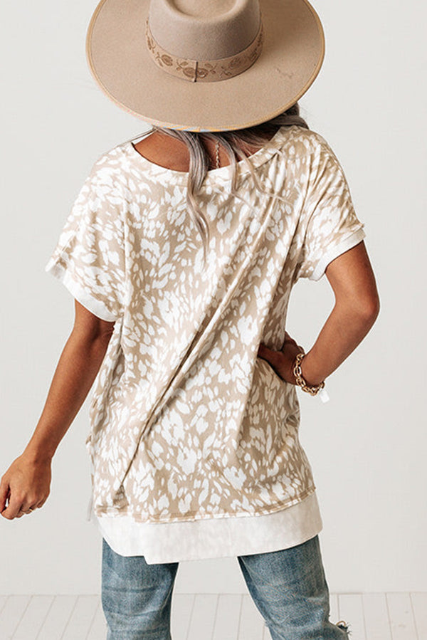 Khaki Leopard Print V Neck Side Slit Loose Fit T-Shirt