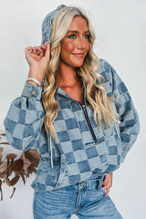 Sky Blue Checkerboard Zipped Collar Kangaroo Pocket Denim Hoodie