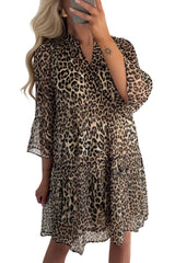Khaki Leopard 3/4 Sleeve V Neck Swing Dress