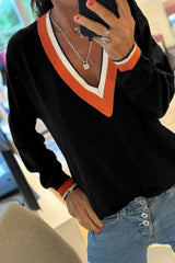 Black Contrast Striped Trim V Neck Knit Sweater