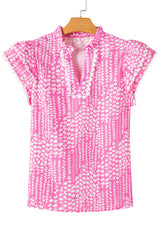 Pink Abstract Print Ric Rac Trim Flutter Sleeve Notch V Neck Blouse