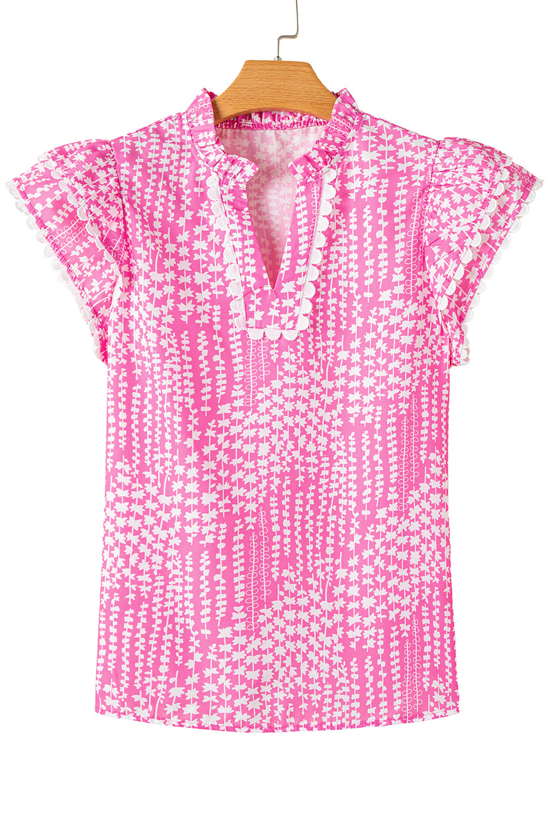 Pink Abstract Print Ric Rac Trim Flutter Sleeve Notch V Neck Blouse