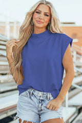 Mint Green Solid Color High Neck Cap Sleeve Loose Top