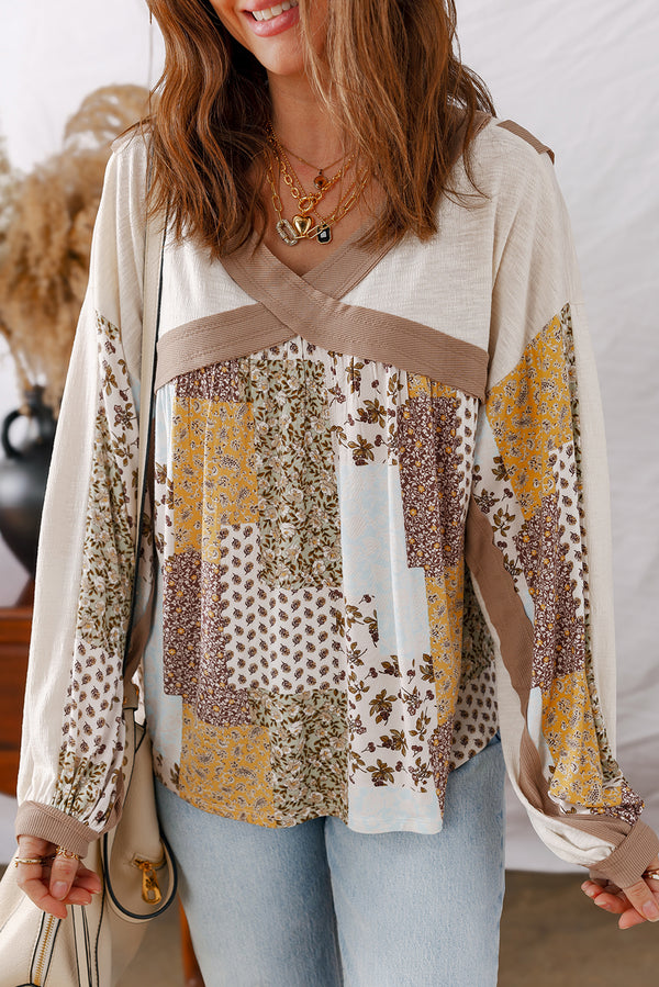 White Floral Print Patchwork Long Sleeve Top