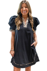 Black Leopard Trim Notched Neck Short Puff Sleeve Mini Dress
