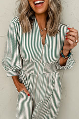 Green Striped V Neck Zip Front Cinched High Waist Midi Dress