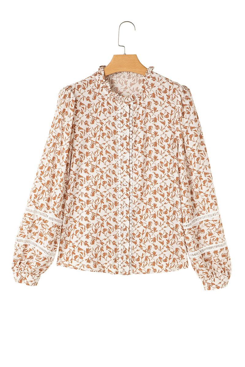 Khaki Printed Floral Print Lace Detail Puff Sleeve Fall Shirt