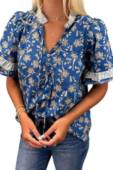 Blue Floral Print Button Tie Neck Striped Detail Short Sleeve Blouse